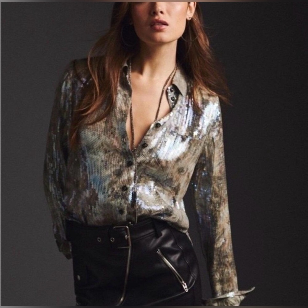 Anthropologie Pilcro Shrunken Sequin Blouse Silver Gray Button Down Small